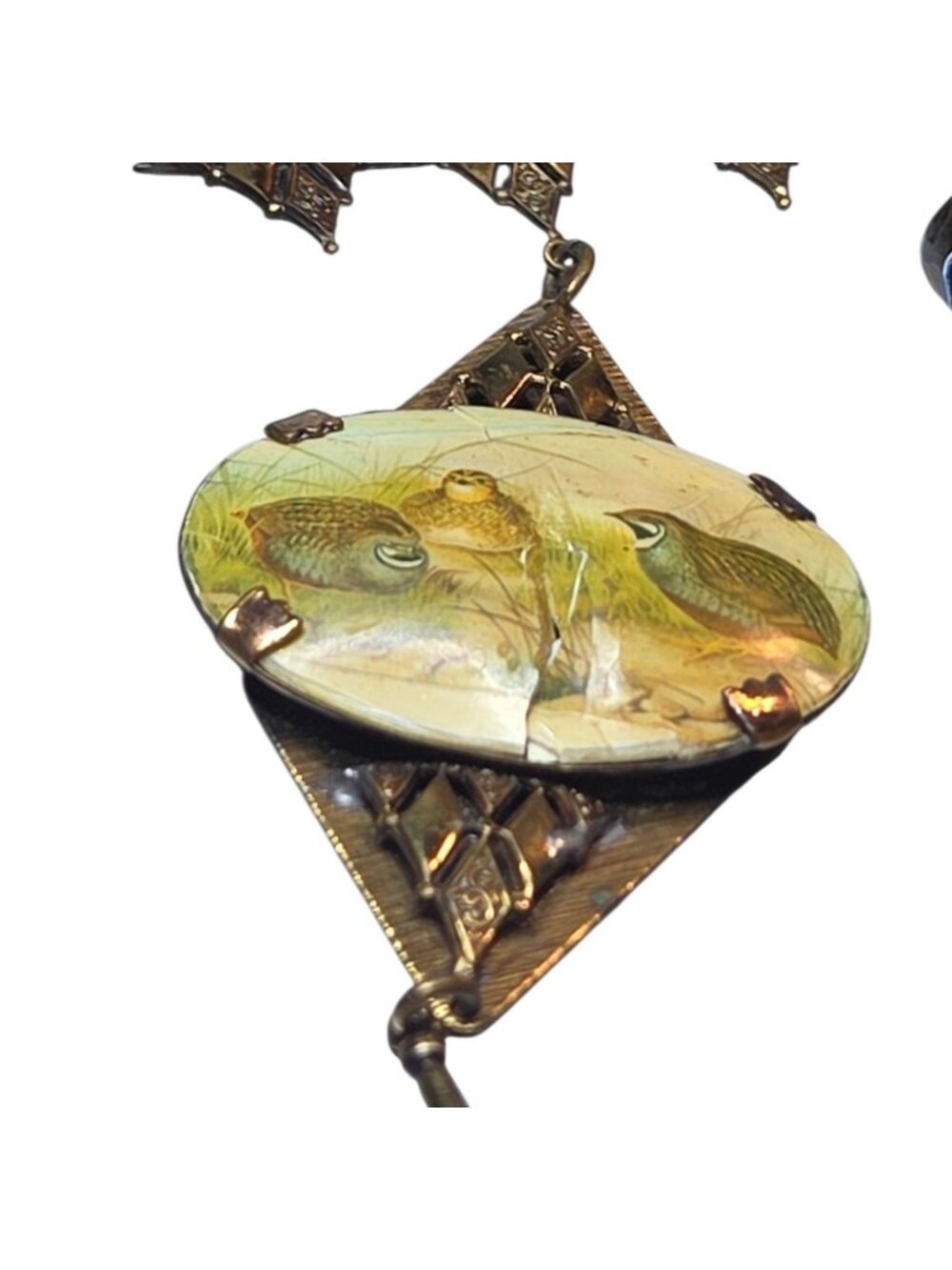 Antique Victorian Celluloid Quail Bird Pendant Necklace Brass Filigree 22" AS IS - Picture 6 of 15